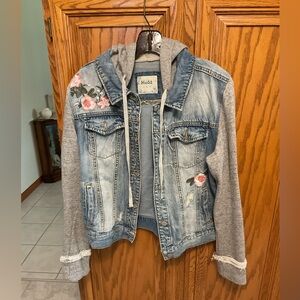 Mudd Women's Blue Denim Jacket with Gray Sleeves and Floral Design